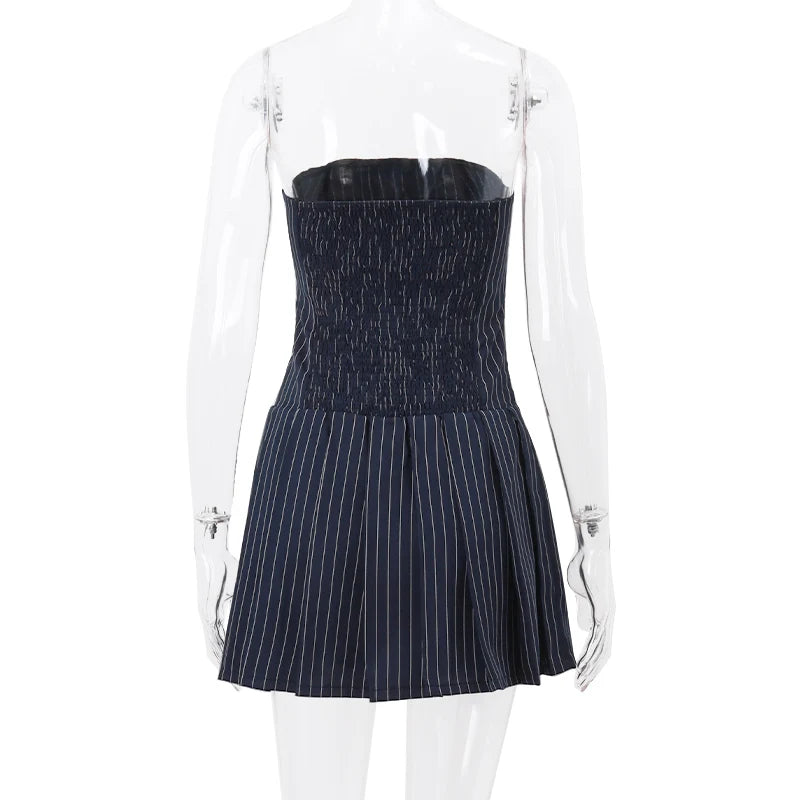 WhereMery Korean Women Fashion A-line Dress Y2K Sleeveless Slash-neck Pleated Stripe Dresses Spring Summer Elegant Slim Vestidos