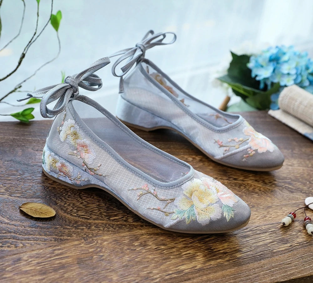 Ballerinas 2025: Veowalk Long Ankle Strap Summer Women Gauze Mesh - Embroidered Ballet Flats Breathable Comfortable Walking Shoes Elegant Lady Collection