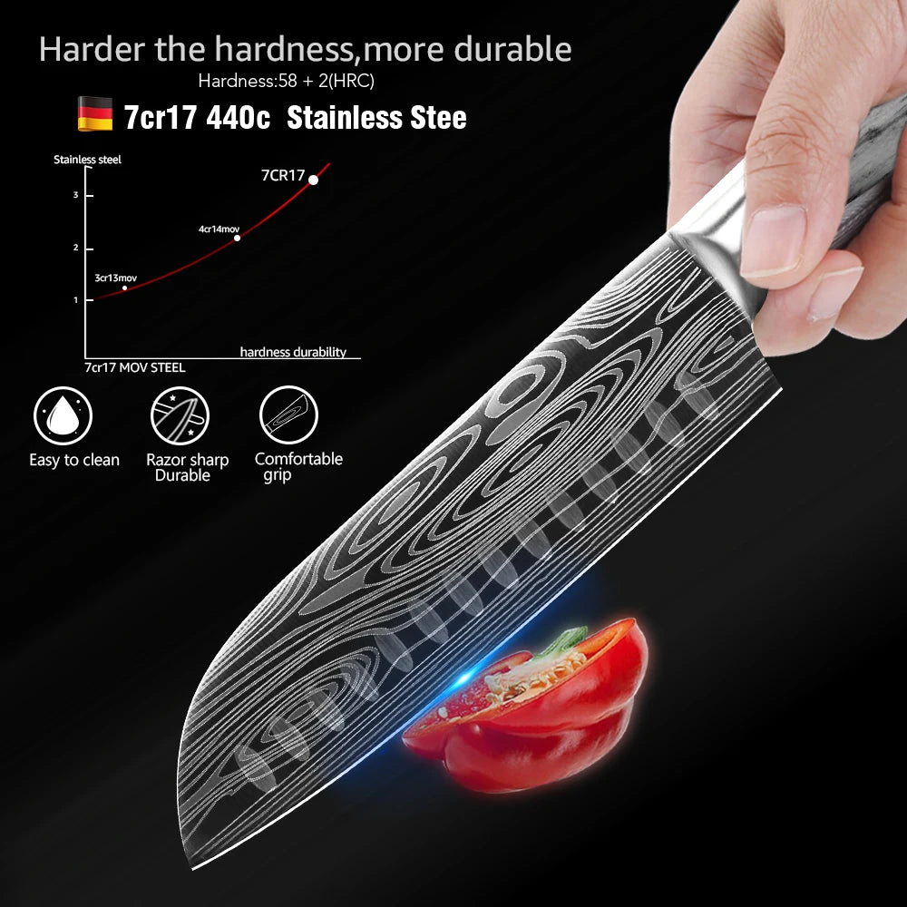 Kitchen Knife Damascus Laser Chef Knife 5 7 8 Inch Meat Cleaver Japanese Santoku Knive Butcher Slicing Cutter for Fish Vegetable