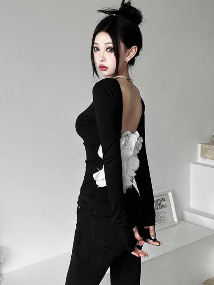 New elegant Tshirts for Women 2025 Ropa Mujer Patchwork Tops Tunic Long Sleeve Tees Backless Crop  Fashion Casual Y2k T-shirt