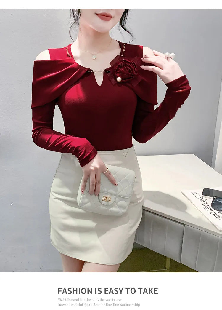 Women T-shirt Fashion T Shirt Cotton Slim Tee For Ladies Autumn Clothing New Long Sleeve Beading V-Neck Tops