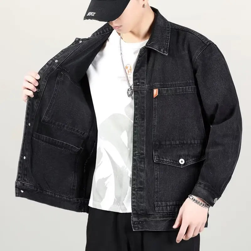 Black Blue Denim Short Jacket Men Jeans Jacket Coats Casual Windbreaker Pockets Overalls Bomber Streetwear Man Clothing Outwear