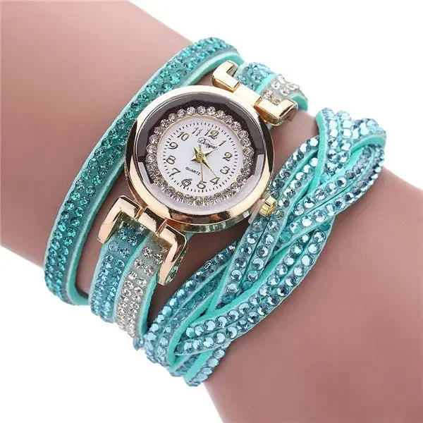 Damen-Uhr 2025: MOONBIFFY Fashion Casual Gold Quartz Women Rhinestone Watch - Braided Leather Bracelet Watch Gift Ladies Wristwatch Relogio Feminino Gift Collection