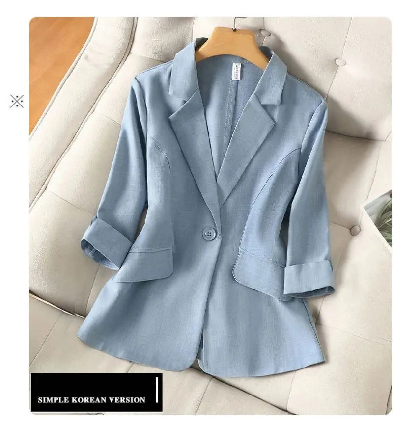 Sacou de damă albastru solid, casual, cu guler întoars, cu un singur nasture, mânecă trei sferturi, costum, blazer, jachete scurte, palton, modă 2024