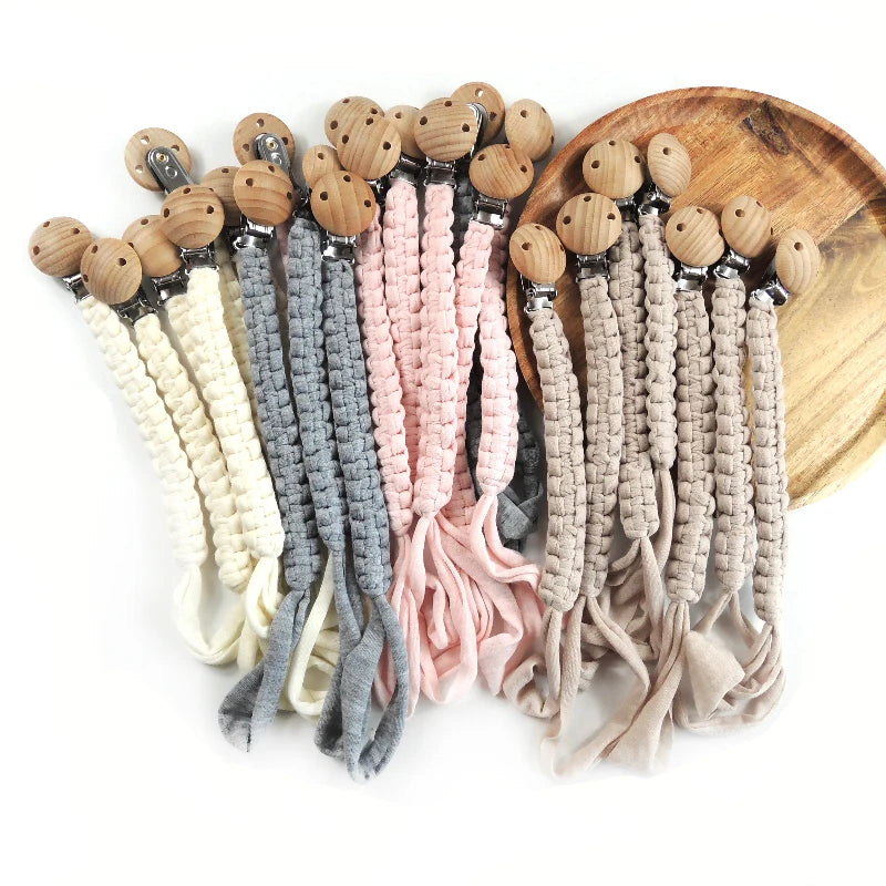 Bebeluș suzetă lanț împletit manual bumbac pânză lucrat manual inimă formă lemn suzetă cleme pentru alăptarea cadouri de duș Teether