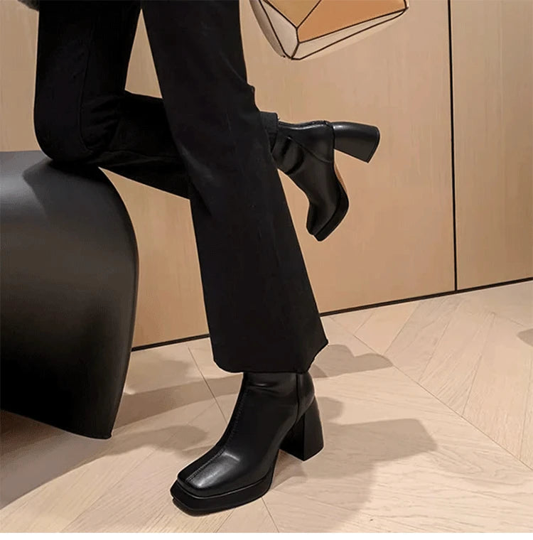 Ohmmayby Vintage Square Toe Damen Stiefeletten Mit Reißverschluss Hinten - Größe EU 37-41, Absatzhöhe 5-8 cm, Knöchelhöhe