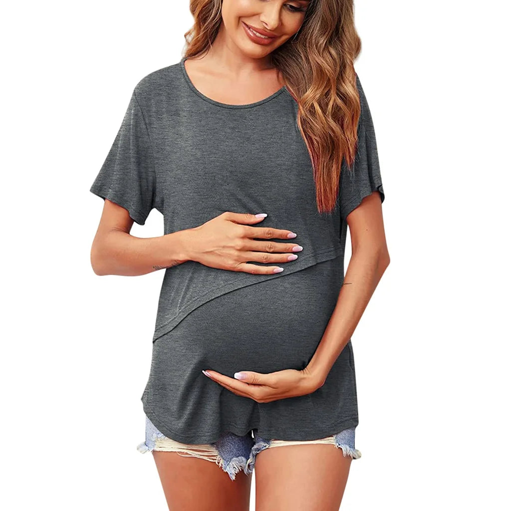 New Maternity Clothes Womens Short Sleeve Crew Neck Solid Color Asymmetrical Flap Nursed Tops Casual T Shirt For Breastfeeding