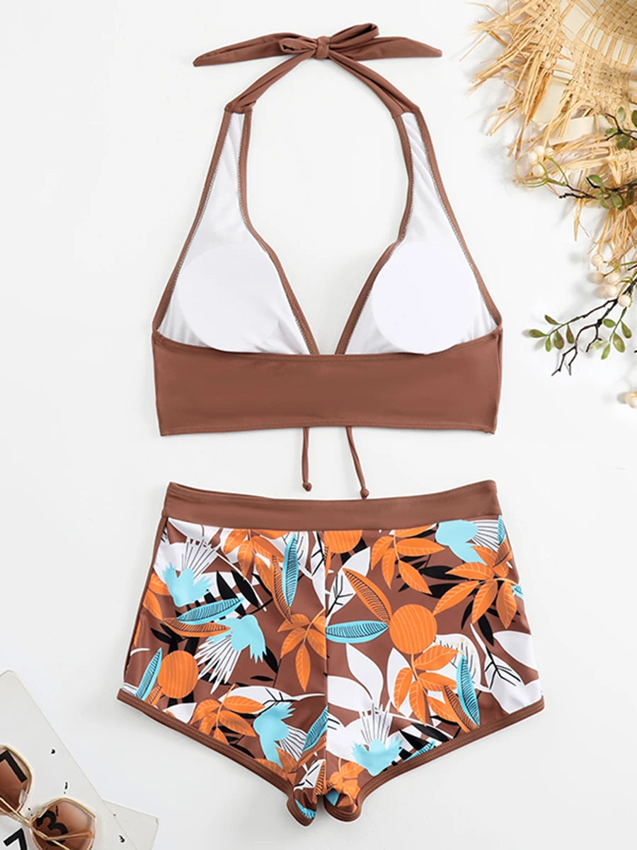 Halter Bikini Set: High Waist Design Wire-Free Support Spandex Polyester - Kurzer Schwimmanzug Frauen Bedruckte Bademode Polsterung Strandmode