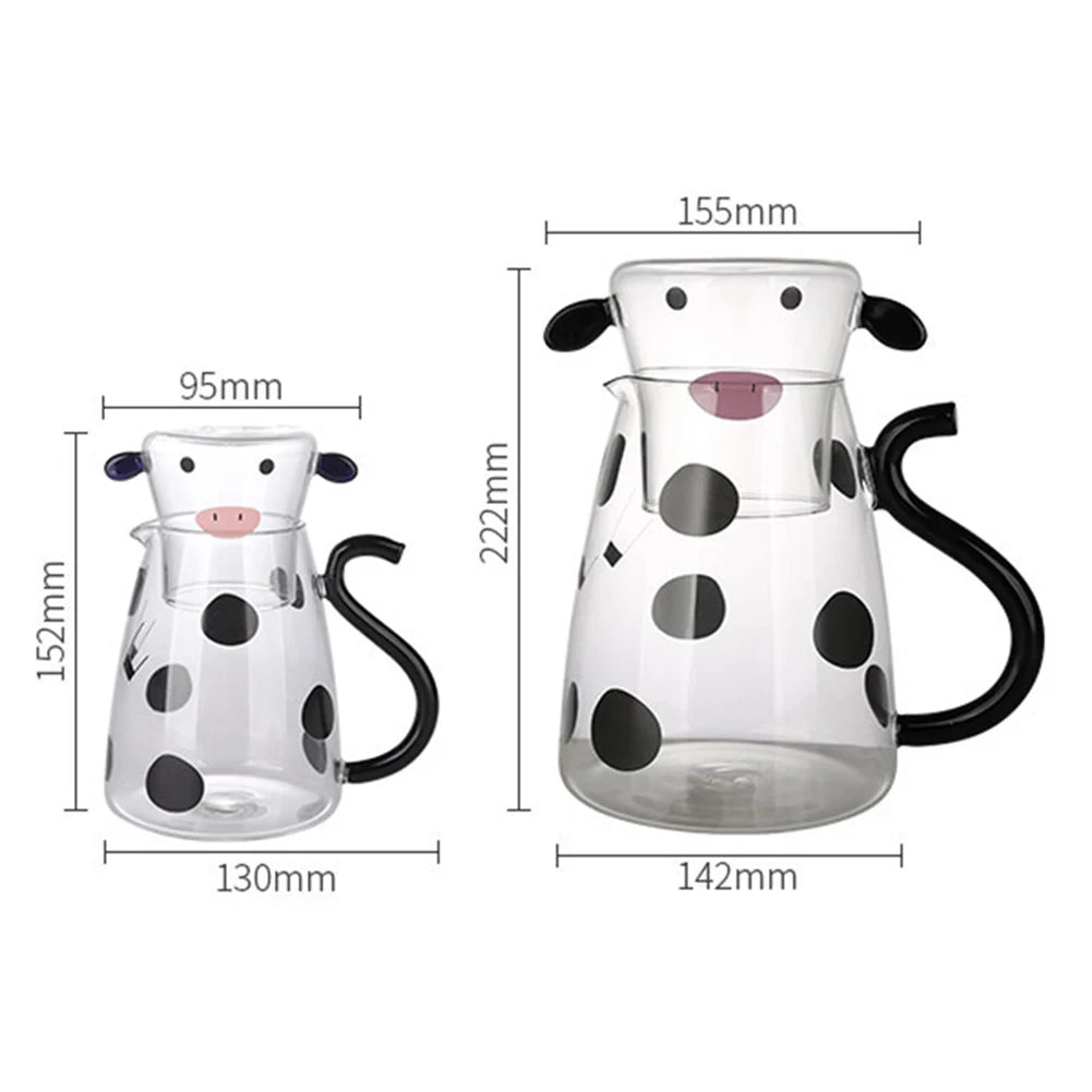 Glass Cold Water Kettle With Handle Lovely Cartoon Cow Cold Cup Flowering Teapot Milk Iced Beverage Bottle Jug Kitchen Supplies