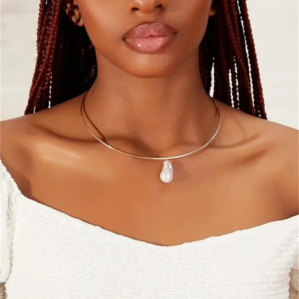 Vintage Fashion Gold-plate Simple Round Collar Shaped Faux Pearl Pendant Necklace For Women Female Girl elegant Punk Jewelry Gift