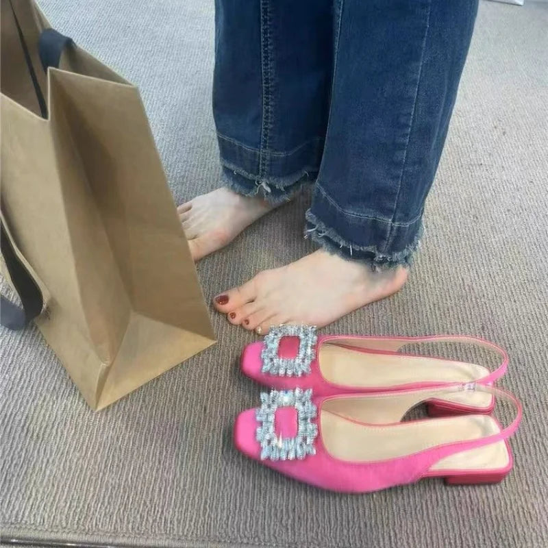 Fashion Women's Sandals Summer New Slingback Slippers Female Low Heel Rhinestone Buckle Back Strap Sexy Pumps Sandalias De Mujer