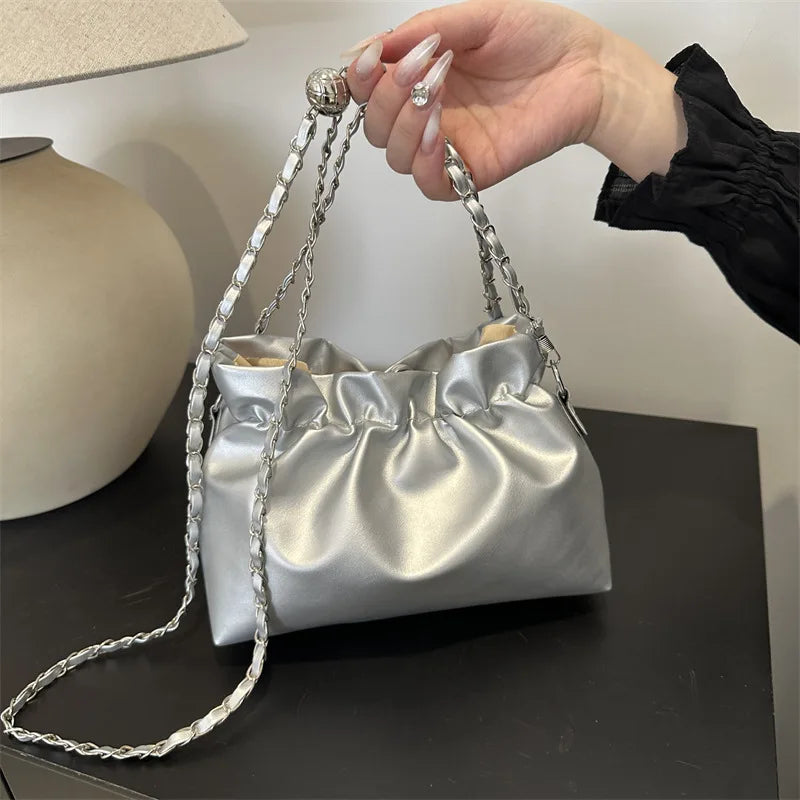 Women's Chain Bag Fashion Versatile Classic Solid Color Crossbody Bag Drawstring Shoulder Bag Silver Bucket Bag