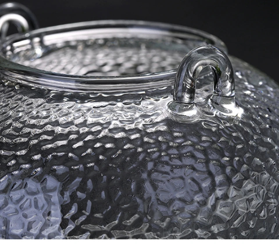 Ceainic de sticlă rezistent la temperaturi ridicate, set de ceai, ceainic de flori cu textură ciocănită manual, cu mâner pentru a face ceainic Gaiwan Pu Erh