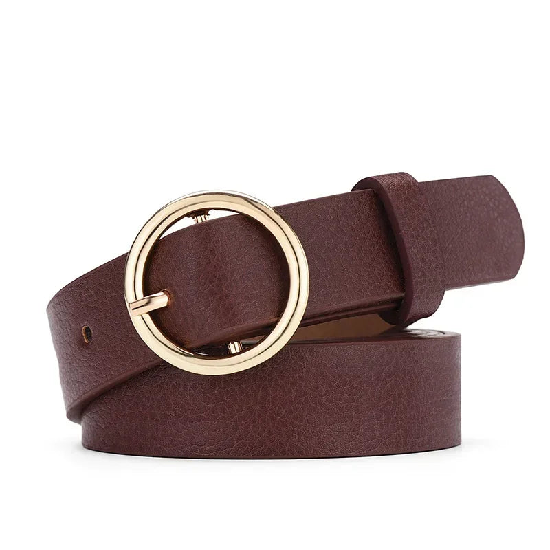 High-end Round Women Belt Fashion Waist Belt Leather Metal Buckle Ladies Leisure Dress Jeans Decoration Waistband Luxury