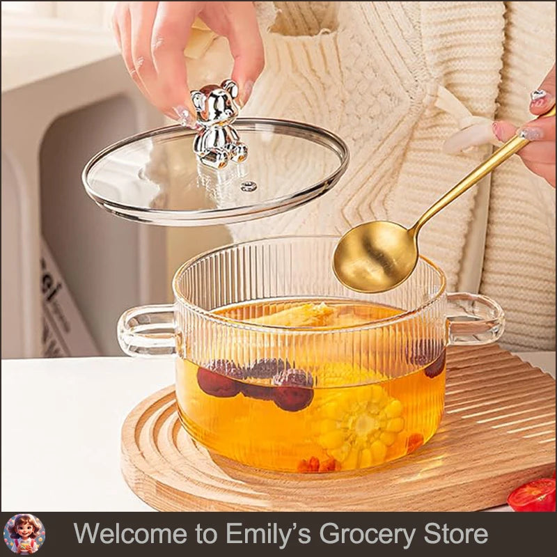 HighBorosilicateGlass Thickened PotHouseholdConvenient Bear Soup Pot with Lid Double Ear Soup Glass Pot Instant Noodles Milk Pot
