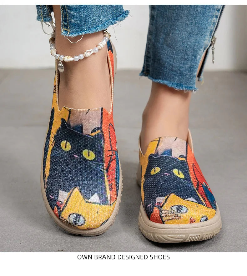 Women's Slip-On Sneakers Cat Print Spring Casual Shoes Plus Size Flat Sole Comfort Color Block Fabric Breathable Lightweight