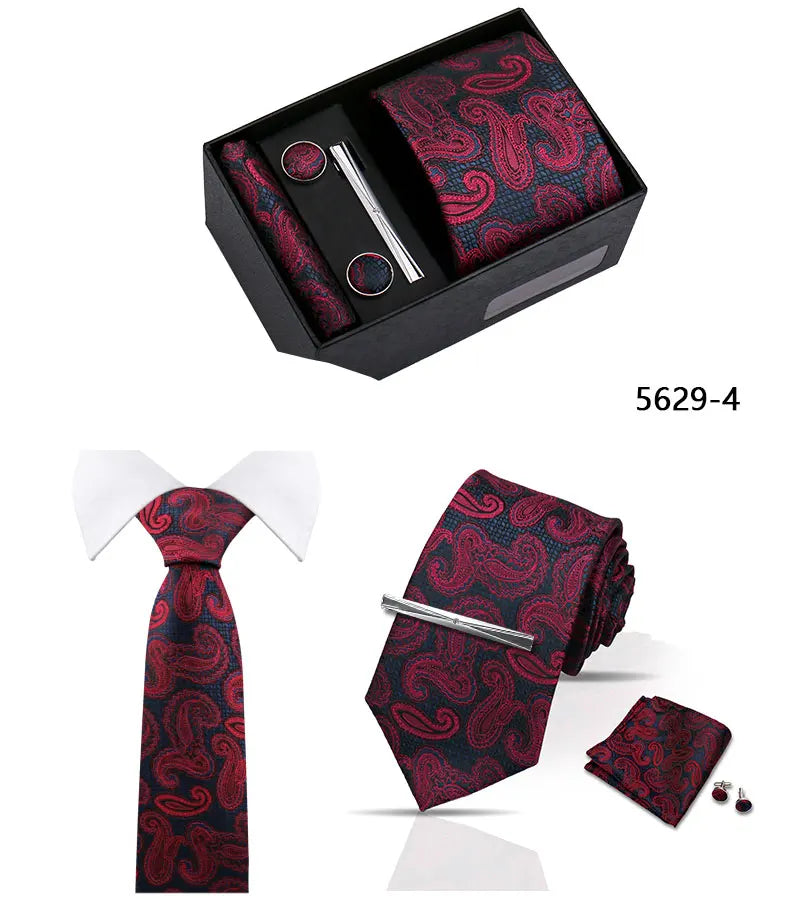 Elegant Men's Suit Necktie Gift Box Set Floral Tie Handchief Cufflinks Tie Clip 4-Piece Business Wedding Party Suit Accessories