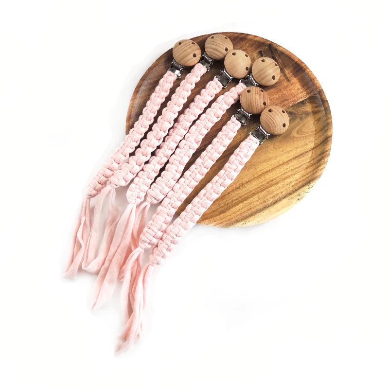 Bebeluș suzetă lanț împletit manual bumbac pânză lucrat manual inimă formă lemn suzetă cleme pentru alăptarea cadouri de duș Teether