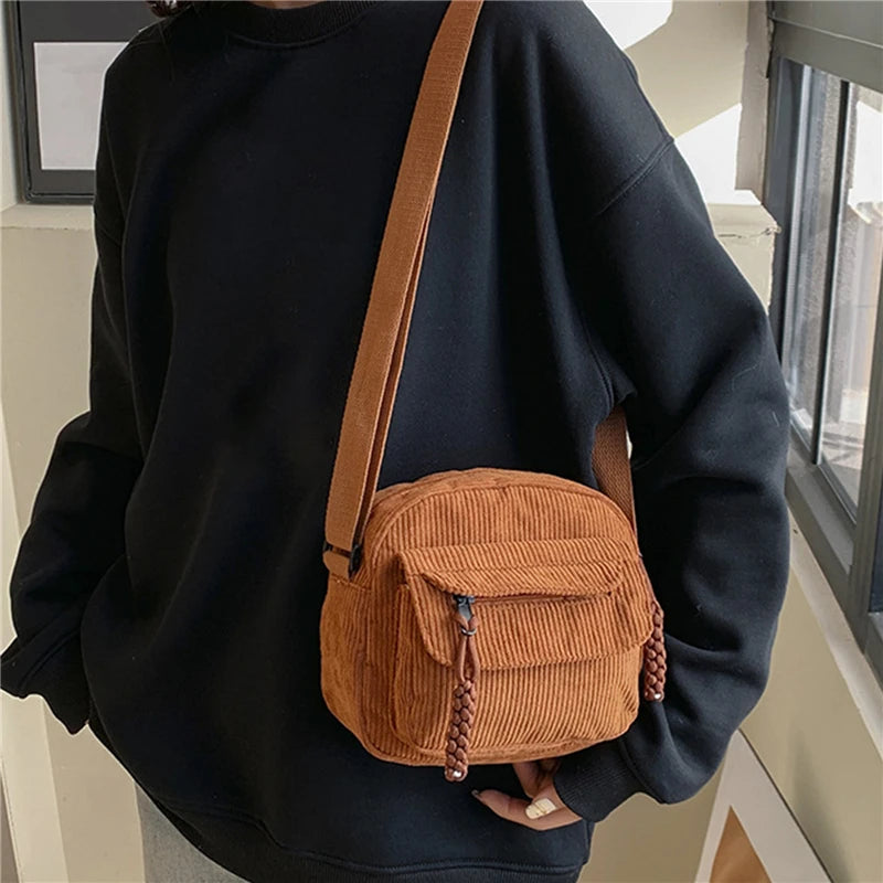 Simple Versatile Crossbody Bag Fashionable Casual Small Square Bag Personalized Commuting Shoulder Bag Corduroy Unisex Trend