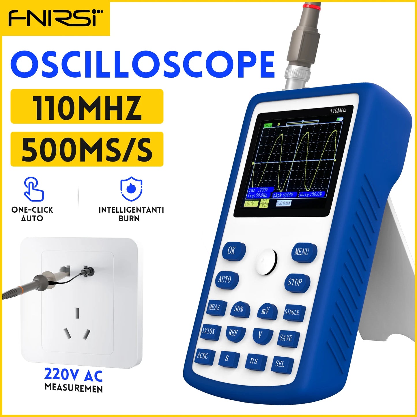 FNIRSI 1C15 Osciloscop digital profesional, lățime de bandă analogică de 110 MHz, rată de eșantionare de 500 MS/s, suportă undă pătrată de 1 kHz, 400 V