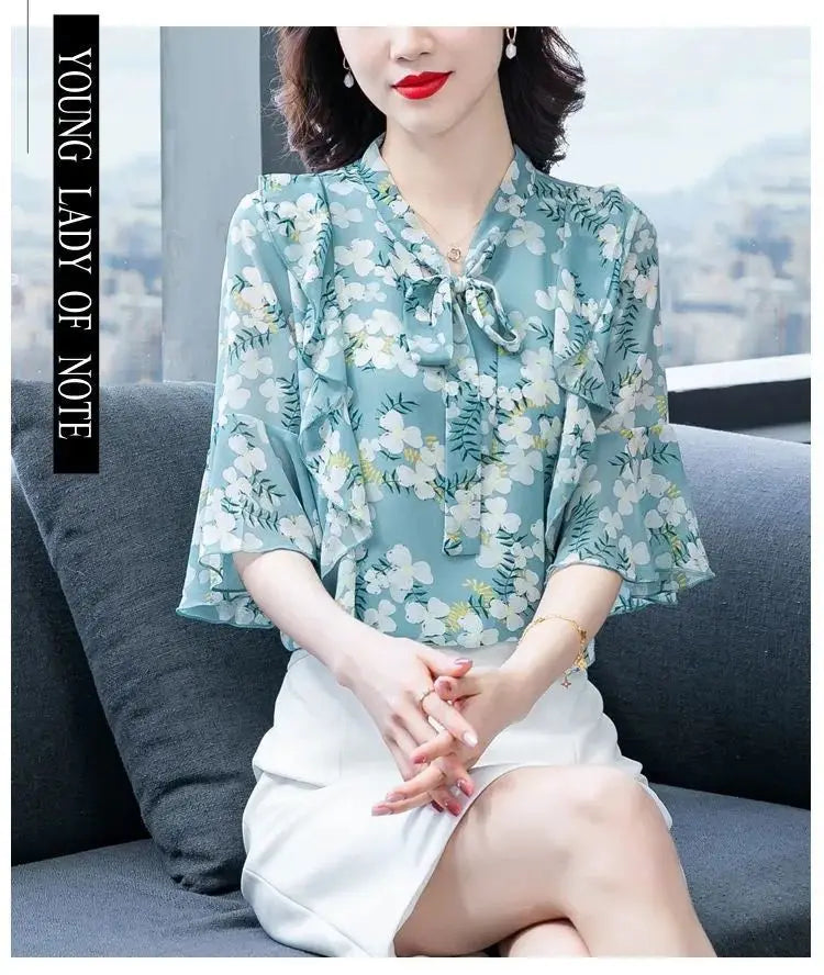 Elegant Fashion Floral Printed Bow Drawstring Chiffon Shirt Summer 2023 V-Neck Three Quarter Sleeve Slim Blouse Women's Clothing