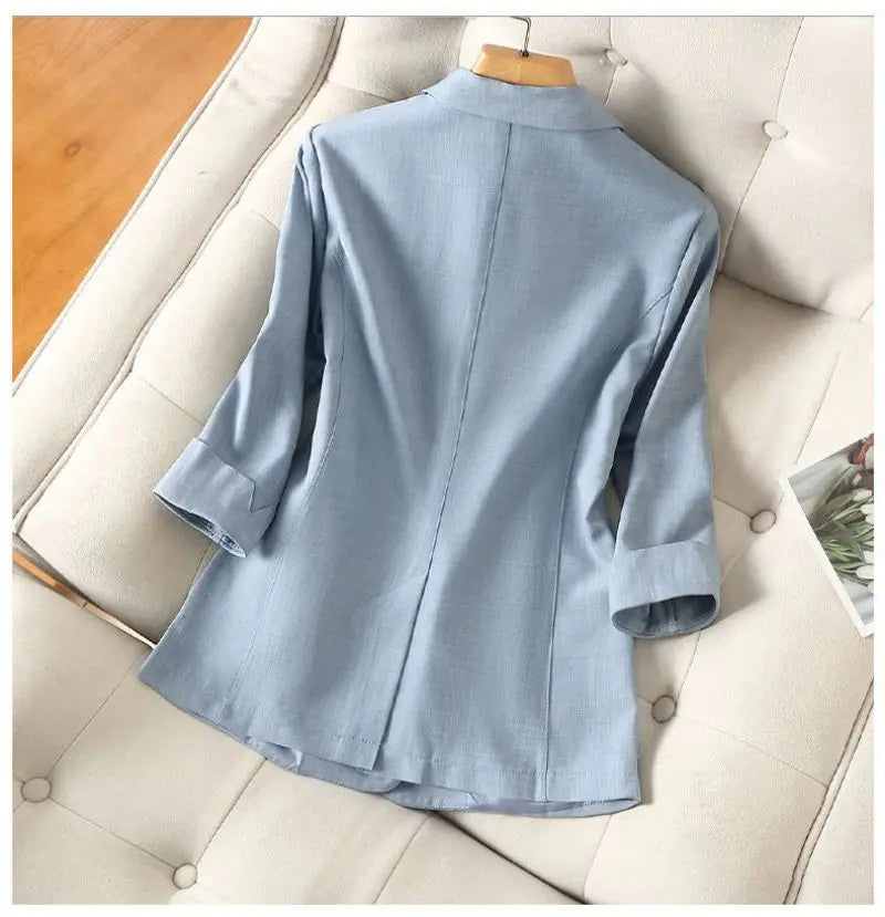 Sacou de damă albastru solid, casual, cu guler întoars, cu un singur nasture, mânecă trei sferturi, costum, blazer, jachete scurte, palton, modă 2024