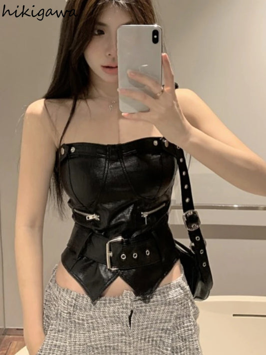 Crop Tops elegant PU Y2k Tanks Women Clothing Fashion Summer Camis 2025 Ropa Mujer Slim Waist Irregular Backless Harajuku Vest