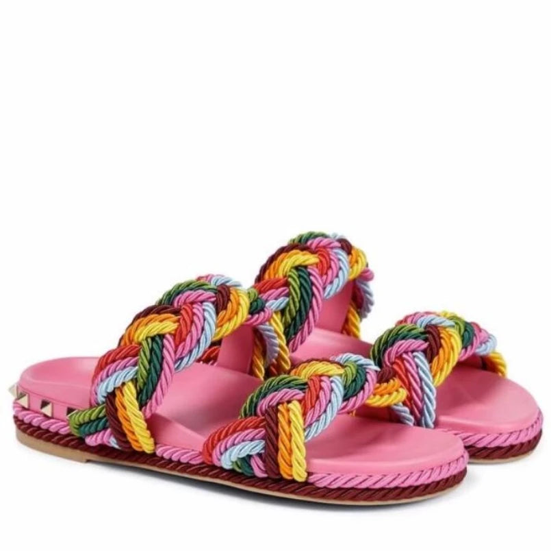 Multi Color Twists Crosst-tied Rivets Embellished Slingback Sandals Slides Women Peep Toe Slip-on Thick Sole Flats Beach Shoes