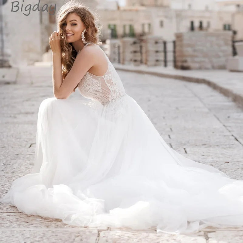 Elegant A-Line Wedding Dress For Women 2025 Halter Lace Applique Sleevless Bridal Gown Train Tulle Vestidos De Novia Customized