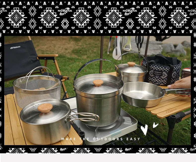 NOBANA Newest Outdoor Stainless Steel Pot Set Camping Family Pot Set 5L Portable Picnic Soup Pot Frying Steaming Household Pot