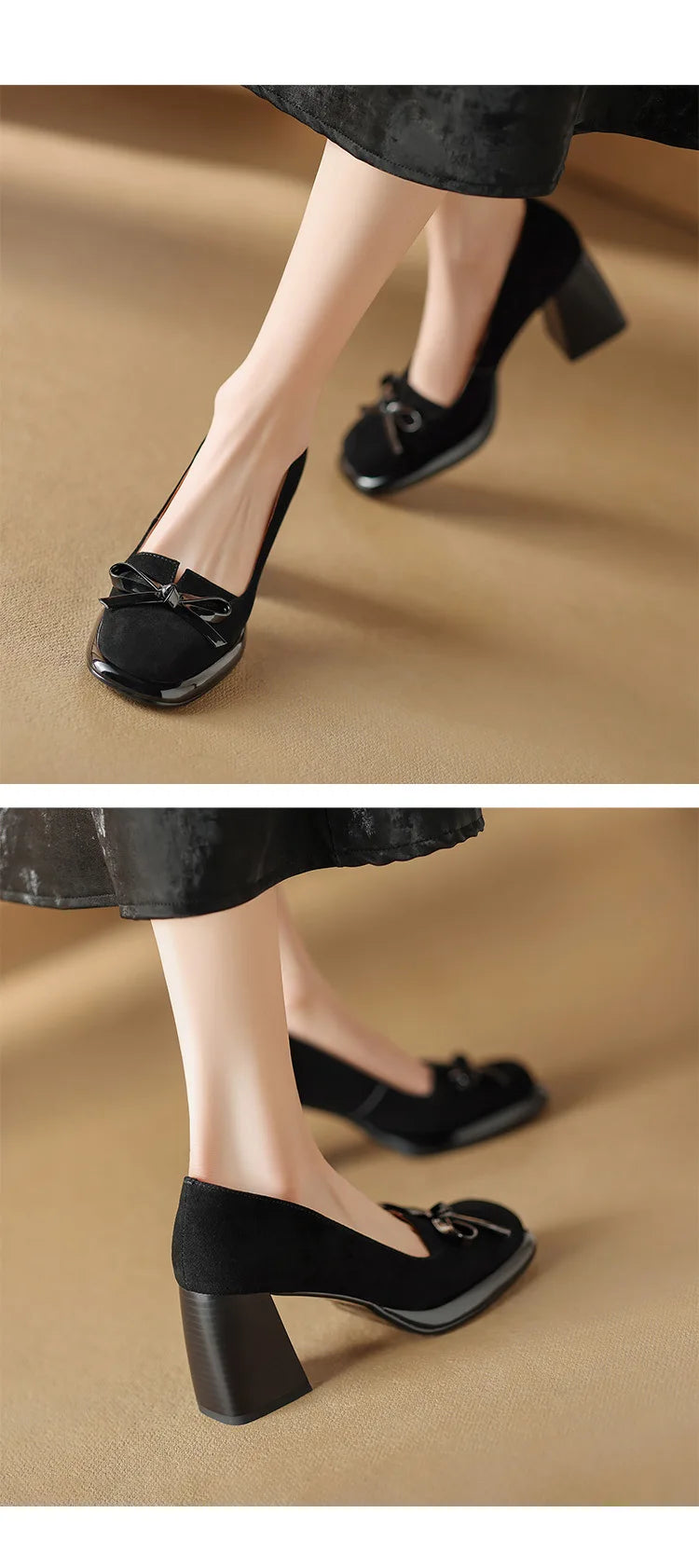 Women Shoes  Spring Retro High Heels Butterfly Knot Square Heel Faux Suede Commuting Elegant 6-8cm Pumps Tacones Para Mujer