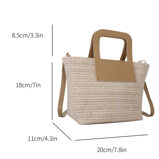 Women Woven Straw Beach Bag Lightweight Summer Tote with PU Leather Handles Detachable Strap for Vacation Poolside Shoulder Bag - Golden Bridge Store
