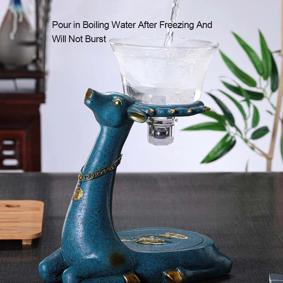 BOZZH-Kungfu Glass Tea Set, Creative Deer Teapot, Magnetic Water Diversion, Tea Infuser, Turkish Drip Pot with Base
