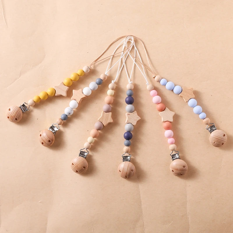 Lanț pentru suzeta bebelușilor, cu stele, personalizabile, cu mărgele, cleme din lemn pentru suzetă, fără BPA, lucrate manual, lanț pentru sugari, lanț pentru alăptarea sugarilor