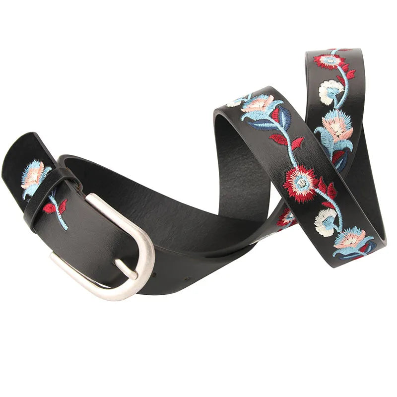 Curea din piele pentru femei, cu flori brodate, la modă, casual, design de lux, simplă, versatilă, gotică, retro, cu cataramă cu știft, nouă
