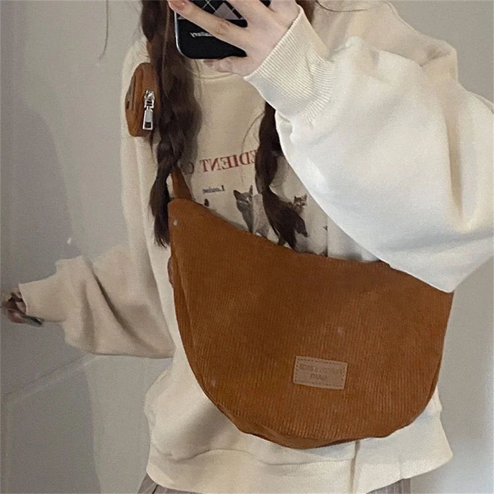 Large Capacity Corduroy Shoulder Crossbody Bag Women Leisure Armpit Bag Solid Color Versatile Dumpling Bag Fashion Messenger Bag