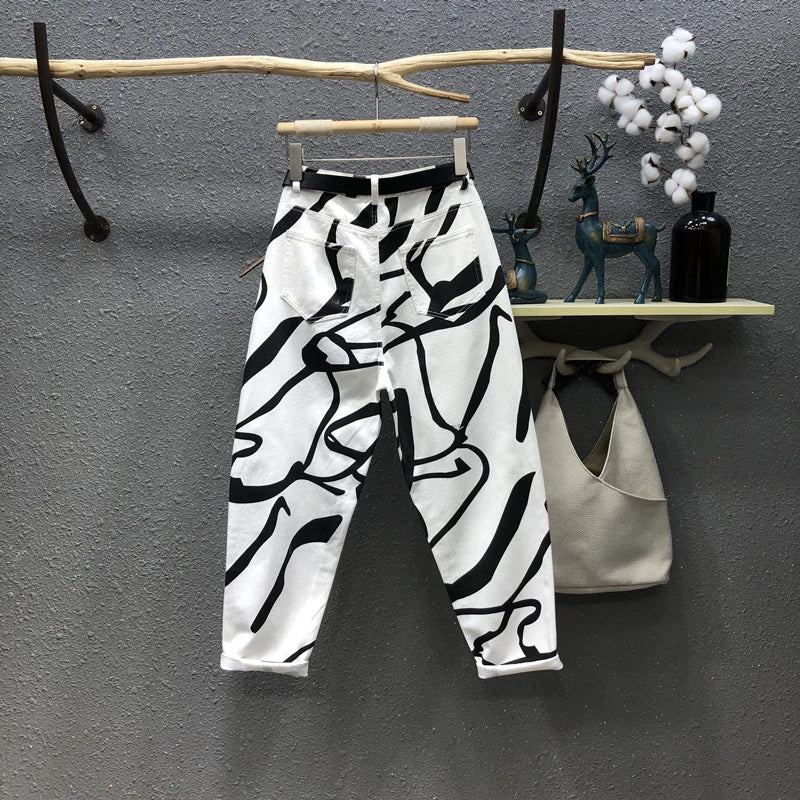 Blugi pentru femei 2025 - Stil streetwear la modă, imprimeu graffiti, talie înaltă, spălat, larg, drept