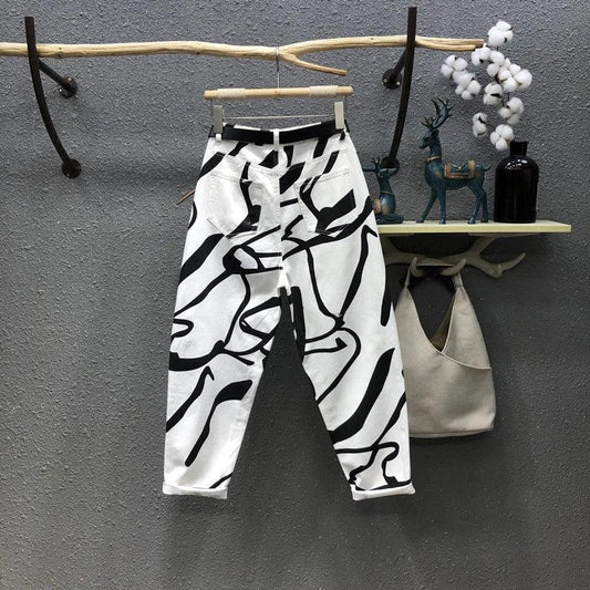 Damen Jeans 2025 - Streetwear Fashion Graffiti Print High Waist Washed Loose Straight - Golden Bridge Store