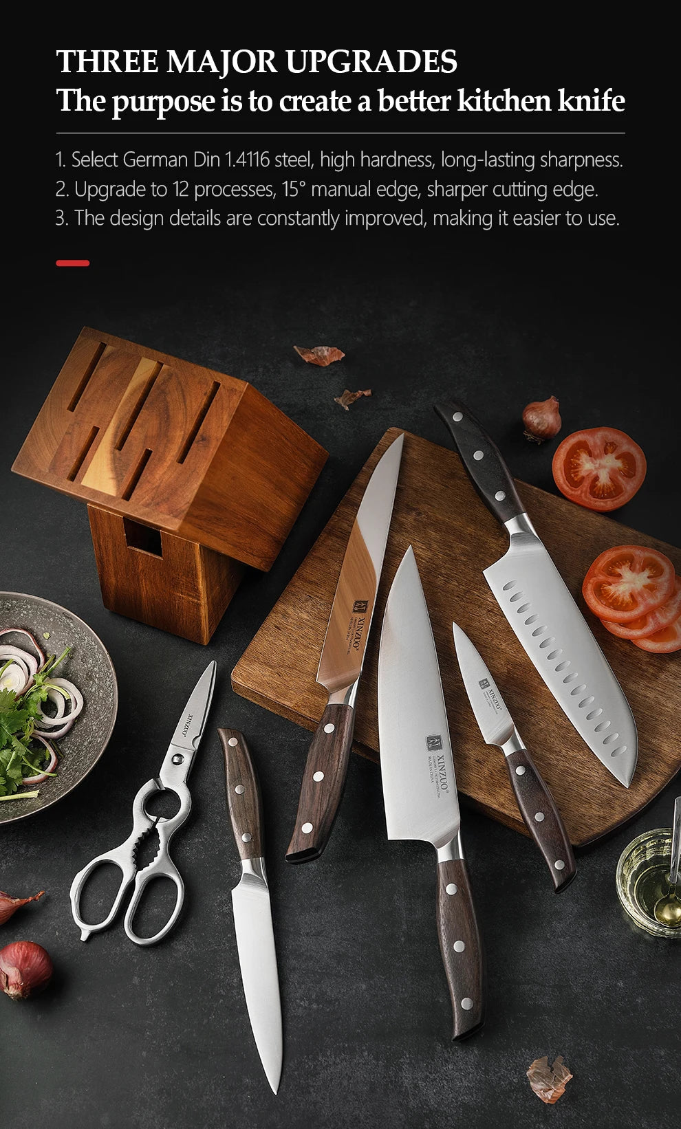 XINZUO 7PCS Knife Set German 1.4116 Stainless Steel Utility Slicing Chef Fruit Santoku Knives Multifunction Kitchen Scissors