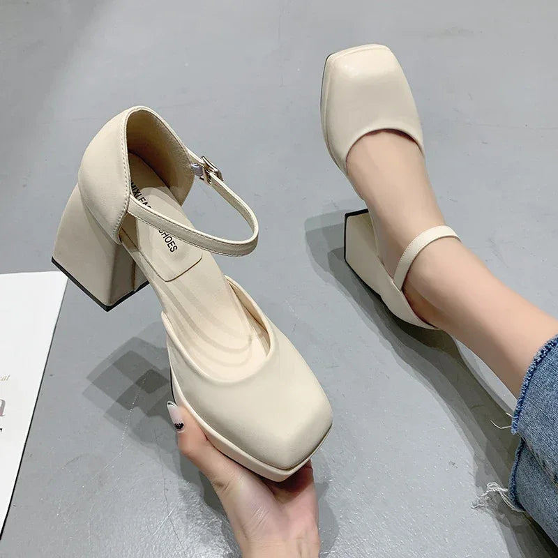 Thick-heeled High-heeled Shoes for Women 2024 Spring and Summer New Waterproof Platform Simple Black Thick-soled Elegant Shoes - Golden Bridge Store