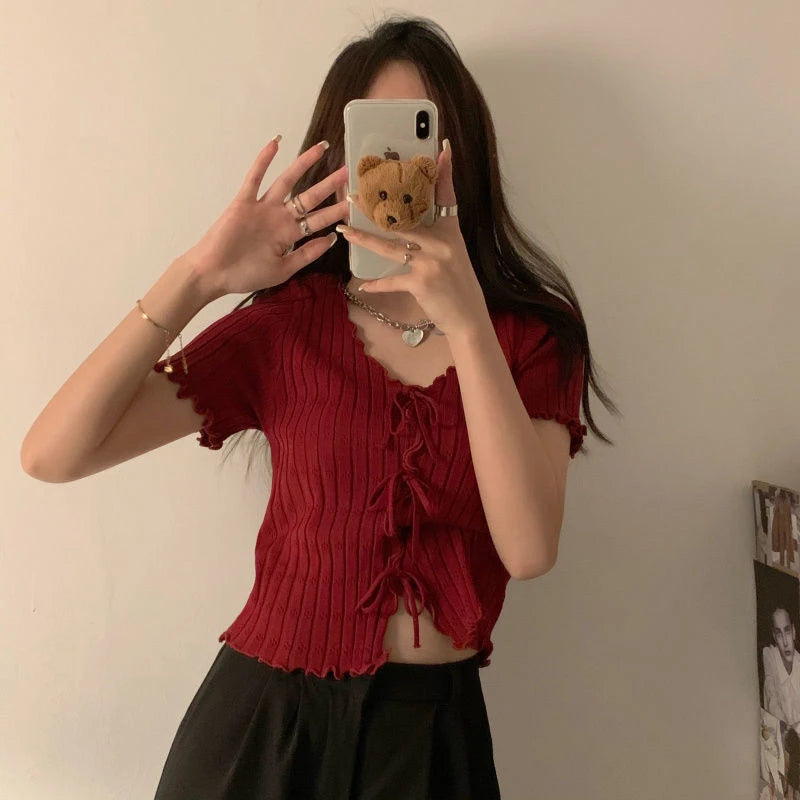 Knitted TShirt For Women V-neck Summer Simple Versatile Casual Crop Tops Bandage Ribbed Short Sleeve Women's Top T-Shirt Girl