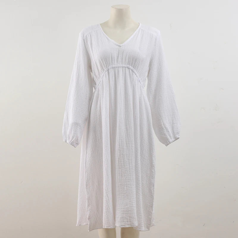 Elegant Dresses For Women 100% Cotton Muslin Long Sleeve V-neck Casual Party Holiday Beach White Black Robes Vestidos de Mujer