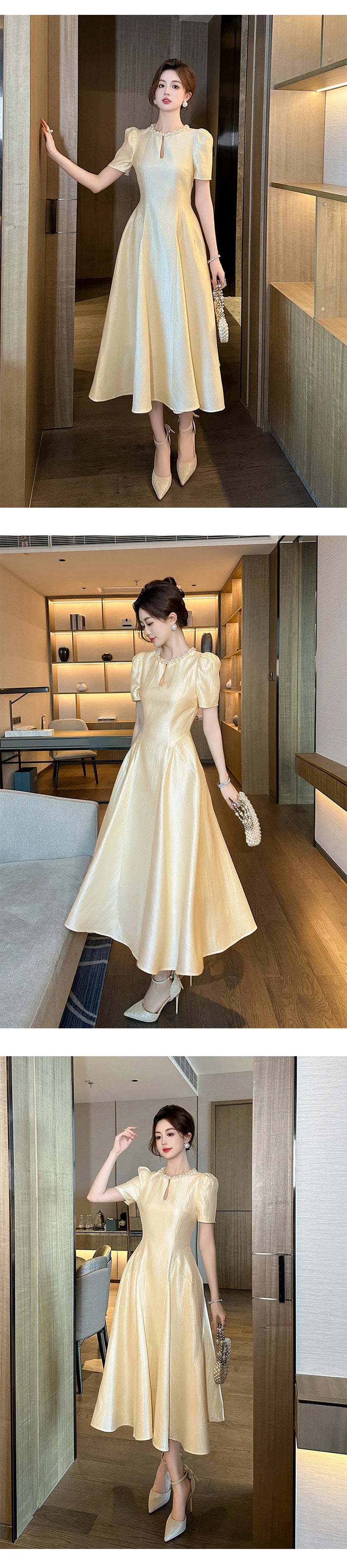 Elegant Host Evening Dress Women's French Vintage Sweet Pearl Hollow Folds Swing A-LINE Long Robe Party Catwalk Prom Vestidos