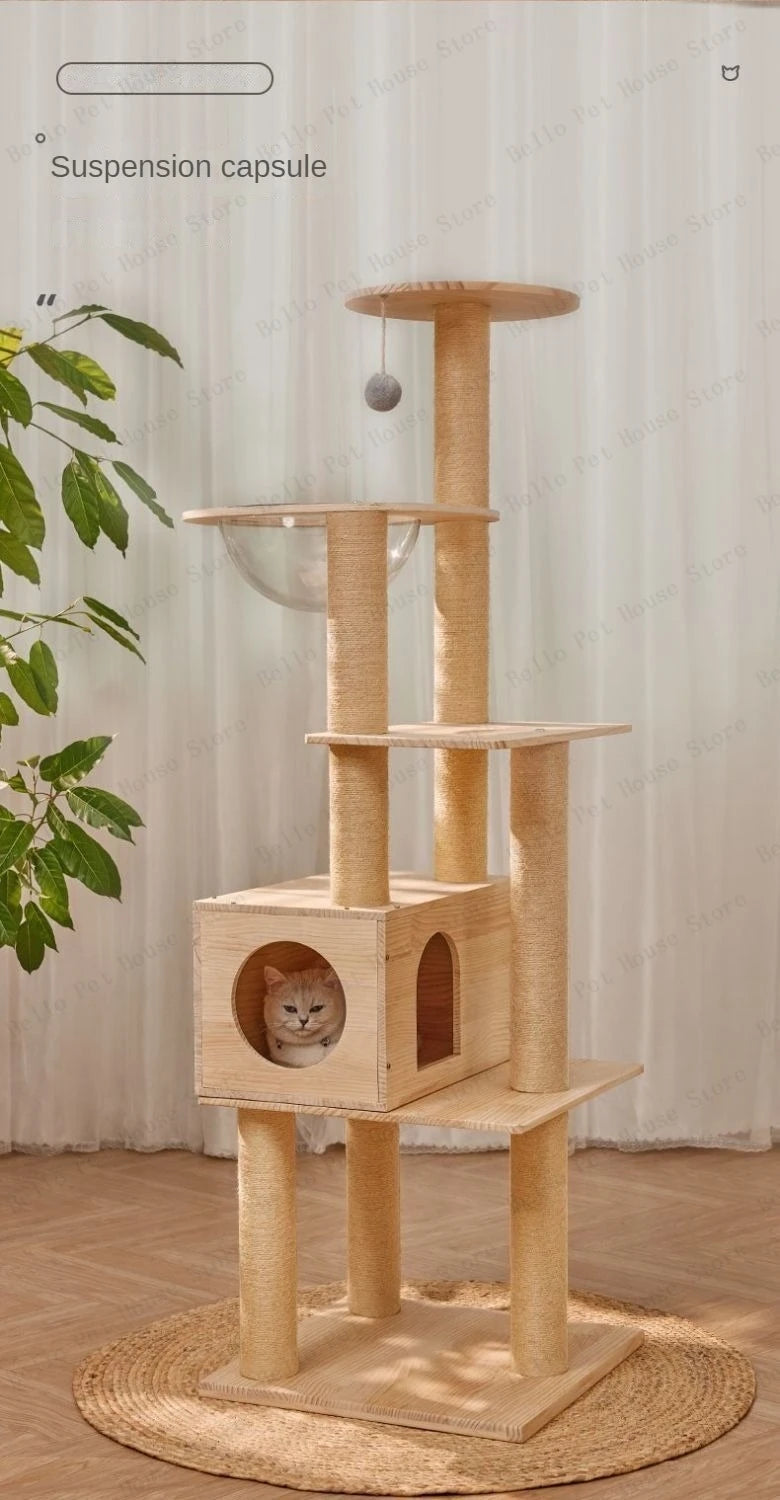 Massivholz Säule Multi-schicht Katzen Klettergerüst, Multifunktional Haustier Große Katzen Villa Mehrstöckig Katzen Baumhaus Klettern Spielzeug