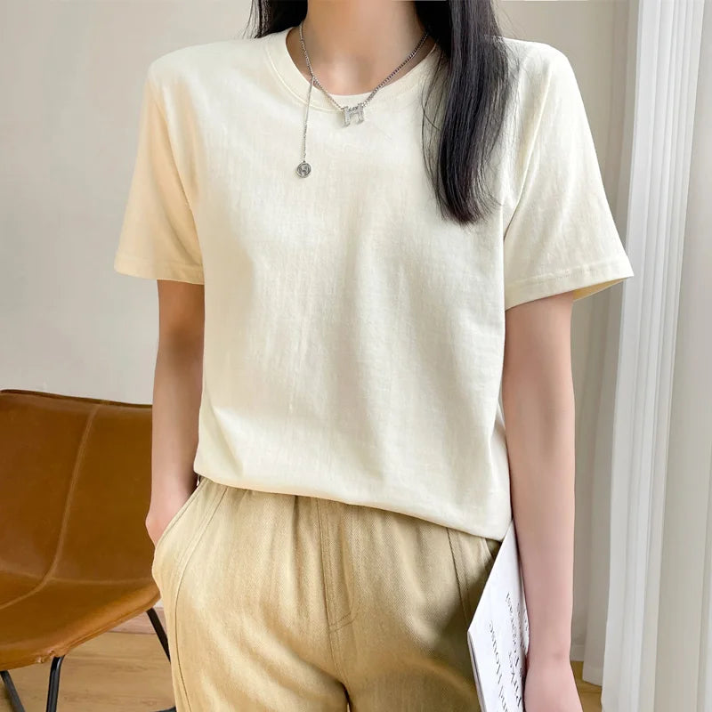 Women T-shirts 2025 Tops Solid Short Sleeve Loose O-neck Cotton Casual Ladies Shirts Harajuku Korean Summer Woman Tshirts