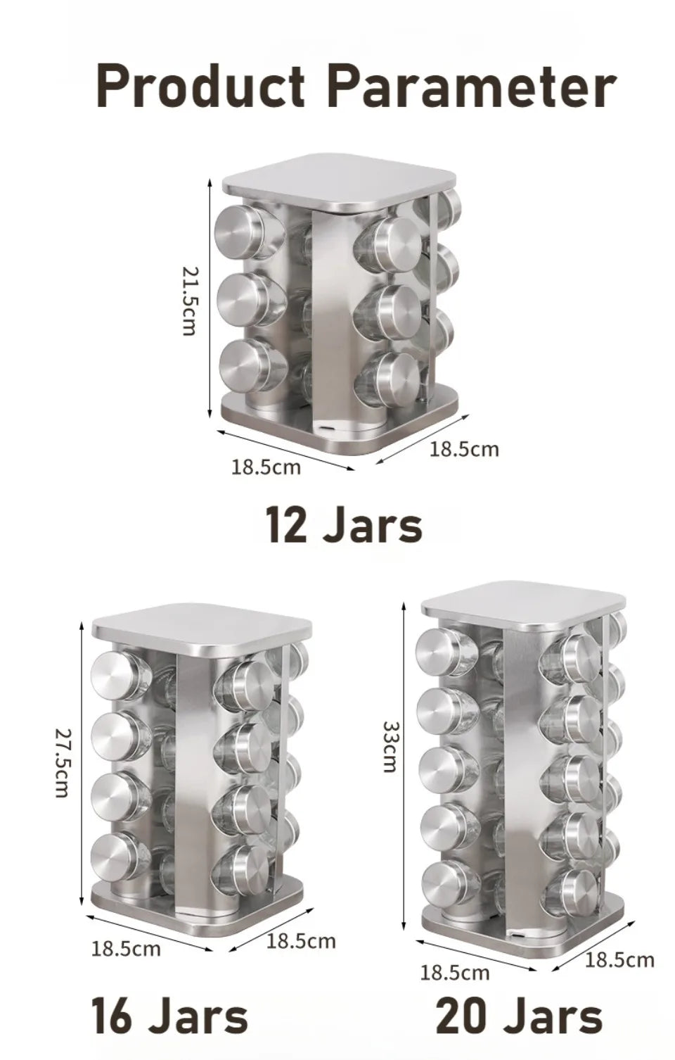 Stainless Steel Spice Rack Rotating Seasoning Set Vertical Spice Sorting Rack Square Condiment Organizer Salt Sugar Containers