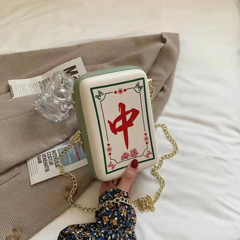 Chinese Mahjong Crossbody Bag for Women, Creative, Interesting, Printing, Chain, Shoulder Bag, PU Leather, Messenger Bag Fashion