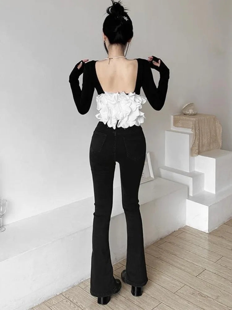 New elegant Tshirts for Women 2025 Ropa Mujer Patchwork Tops Tunic Long Sleeve Tees Backless Crop  Fashion Casual Y2k T-shirt