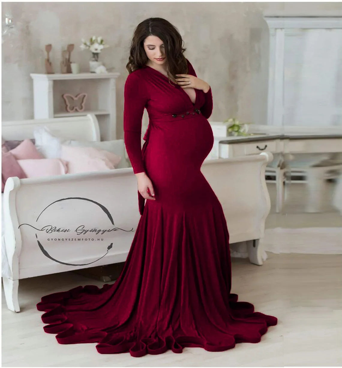Rochie de maternitate pentru femei, primăvară-toamnă, elegantă, subțire, cu decolteu în V, mânecă lungă, tip sirenă, Maxi, pentru fotografie, ședință foto pentru bebeluși