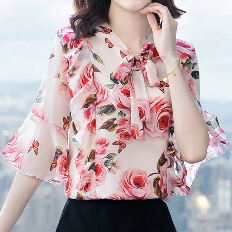 Elegant Fashion Floral Printed Bow Drawstring Chiffon Shirt Summer 2023 V-Neck Three Quarter Sleeve Slim Blouse Women's Clothing
